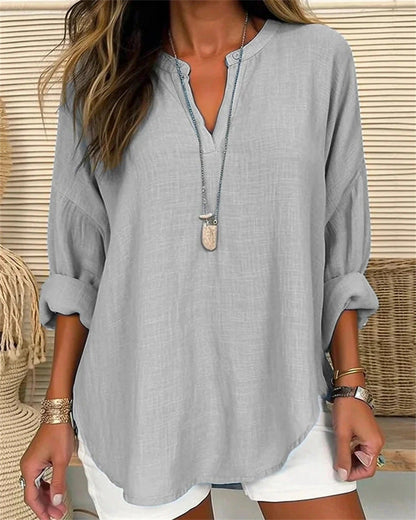 Elegant Urban | Women's Long Sleeve Cotton Linen Blend Shirt with Stand Collar 3