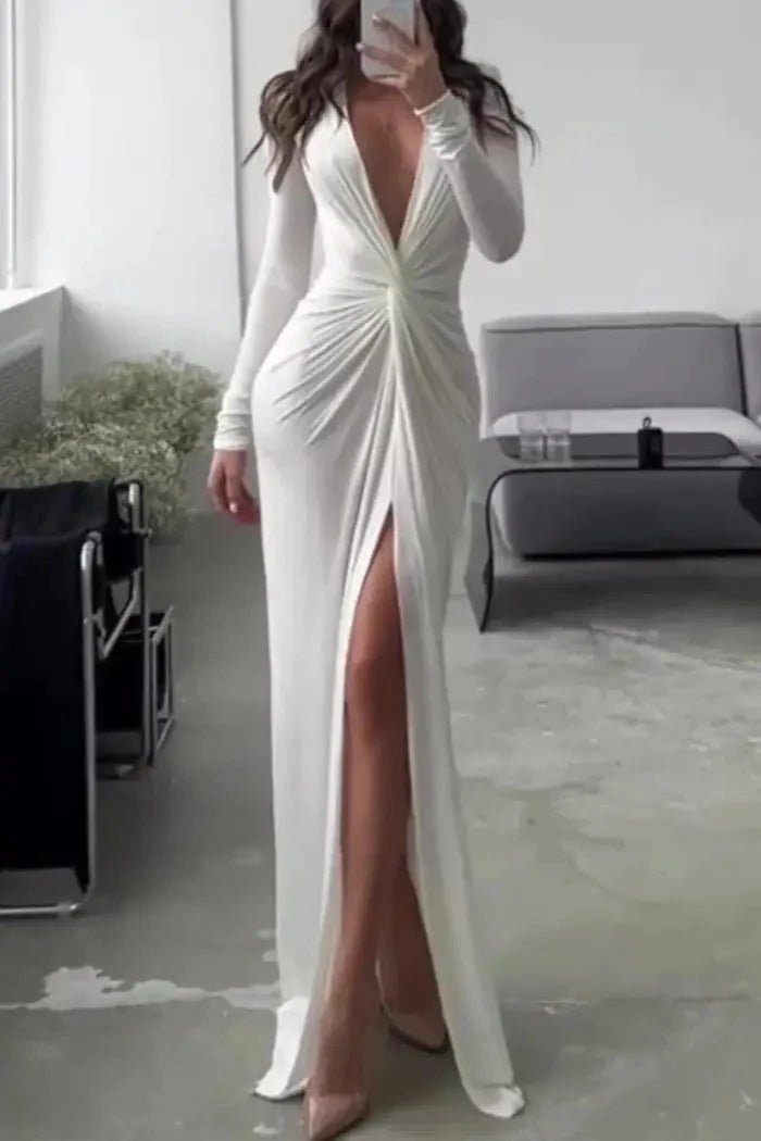 Elegant Wedding Guest Dress | Flattering V-Neckline with Unique Folded Accents 0