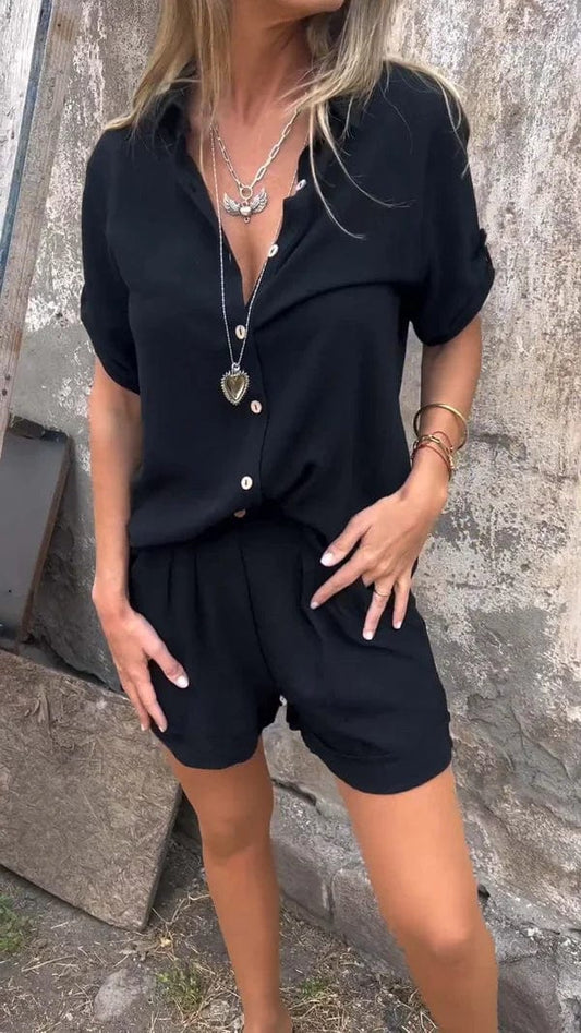Elegant Women's Cotton-Linen Blouse Set with High-Waisted Shorts for Casual Wear 0