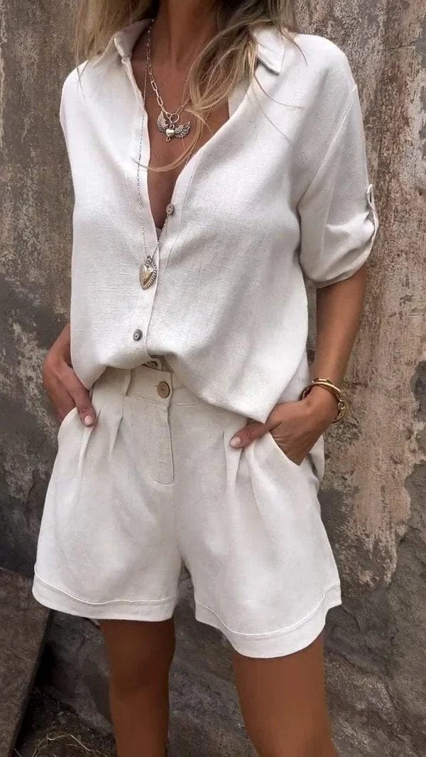 Elegant Women's Cotton-Linen Blouse Set with High-Waisted Shorts for Casual Wear 1