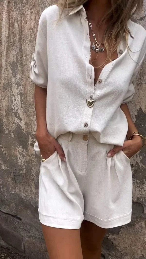 Elegant Women's Cotton-Linen Blouse Set with High-Waisted Shorts for Casual Wear 2