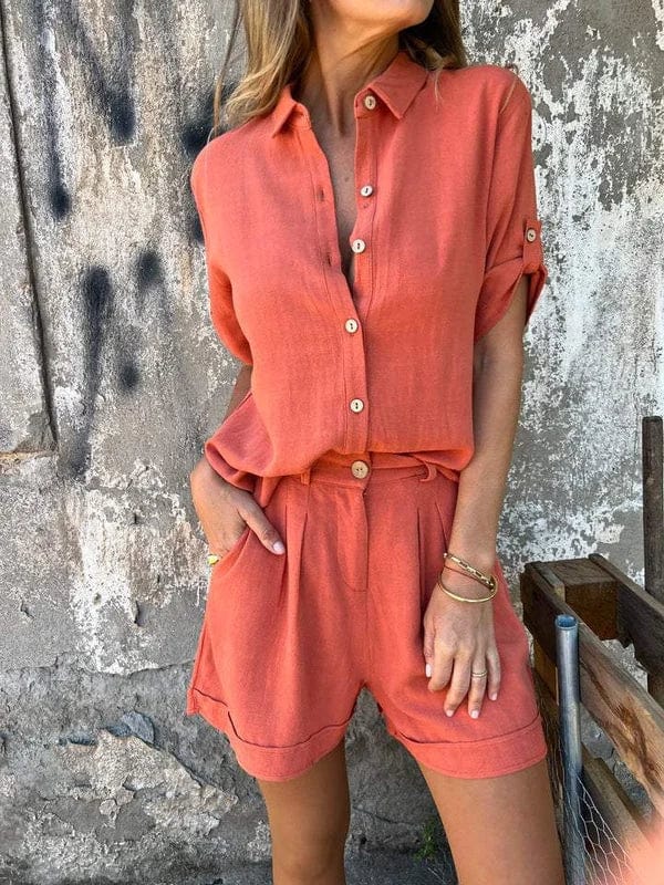 Elegant Women's Cotton-Linen Blouse Set with High-Waisted Shorts for Casual Wear 3