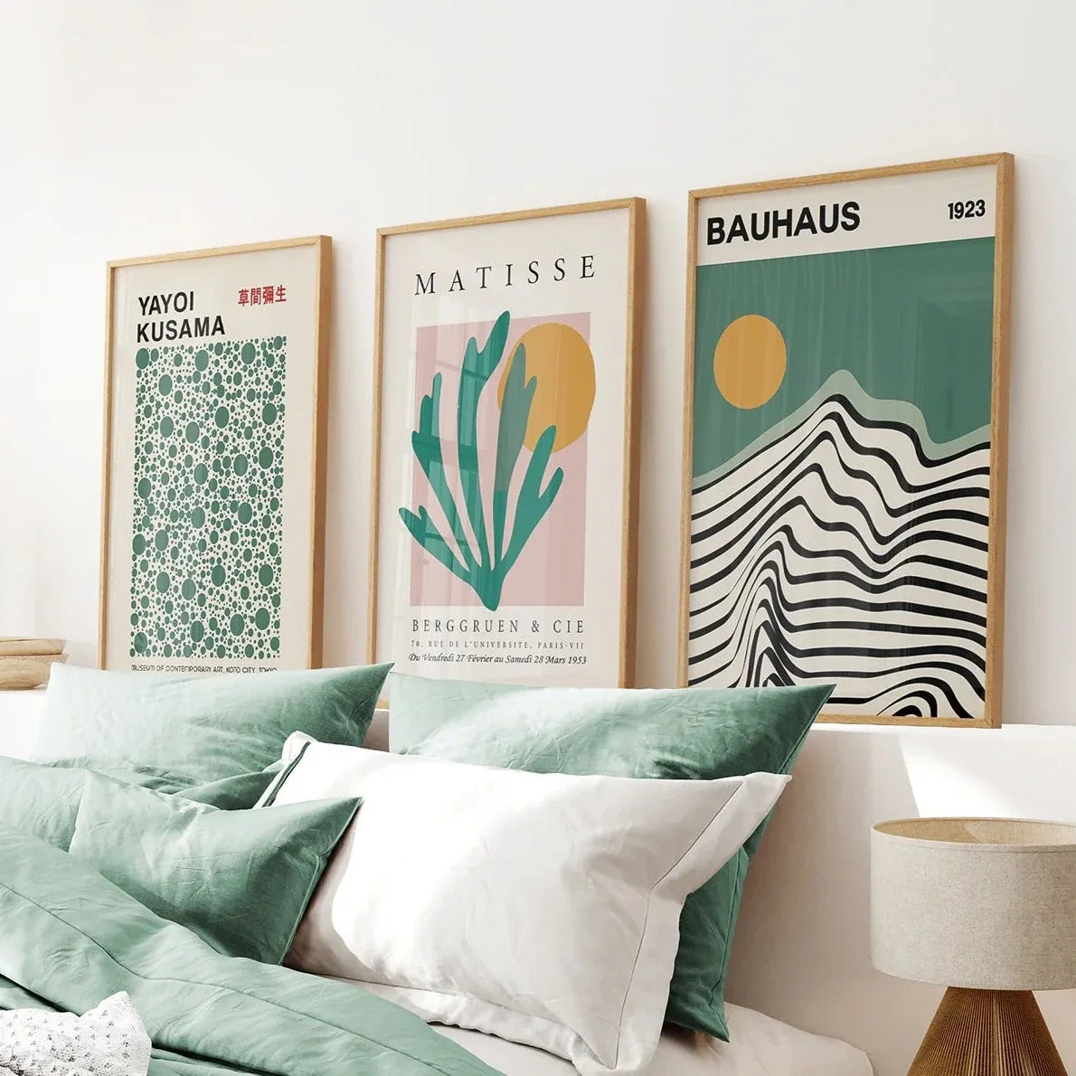 Sage Green Set of 3 Prints. Bauhaus, Kusama, Matisse Style