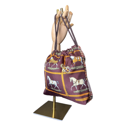 Petites Chevaux Brown Vintage Scarf Drawstring Crossbody Bag