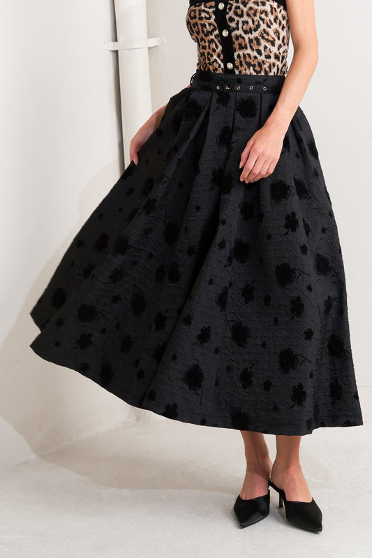 GONNA MIDI LUNGA INTRECCIATA NOIR BLOOMING ROMANCE