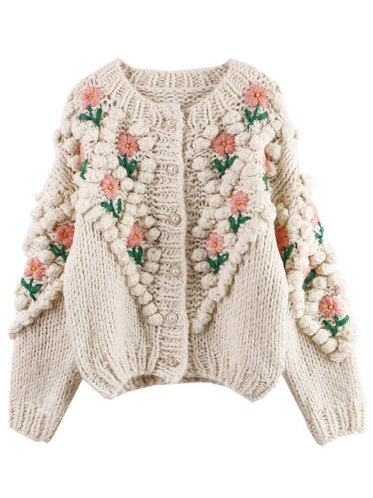 Floral Embroidered Cardigan | Oversized Wool Blend with Pom Pom Detail 0