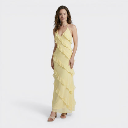 Floral Maxi Dress | Elegant Halter Neck with Cascading Ruffles 0