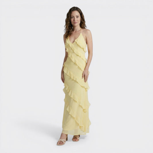 Floral Maxi Dress | Elegant Halter Neck with Cascading Ruffles 0