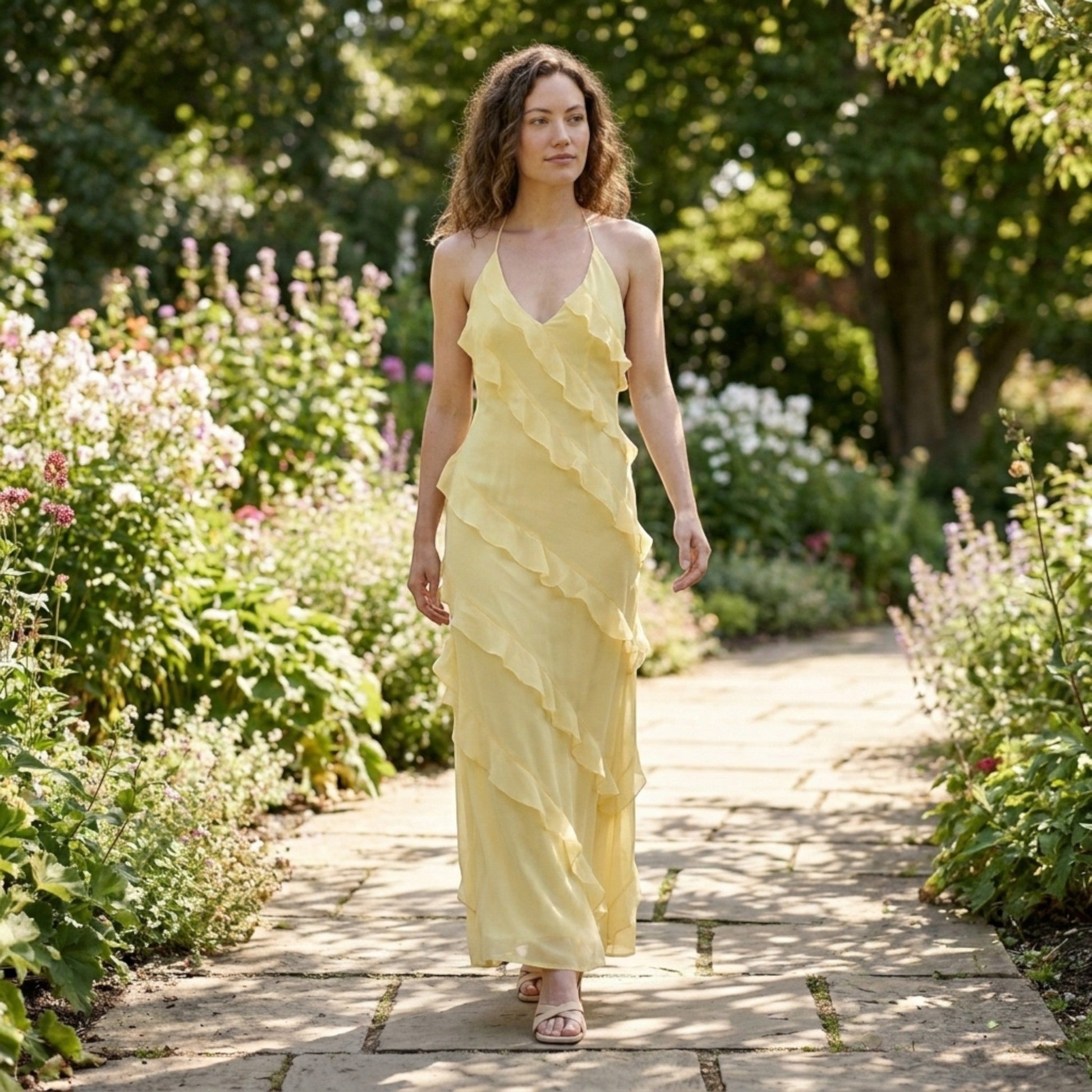 Floral Maxi Dress | Elegant Halter Neck with Cascading Ruffles 1