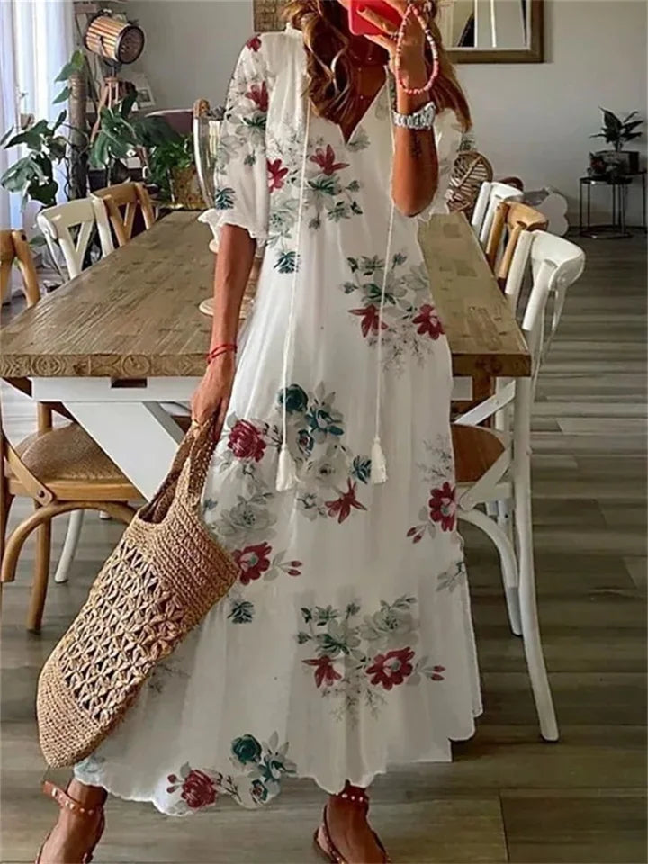 Floral Maxi Dress | Lightweight V-Neck with 3/4 Sleeves for Women 0