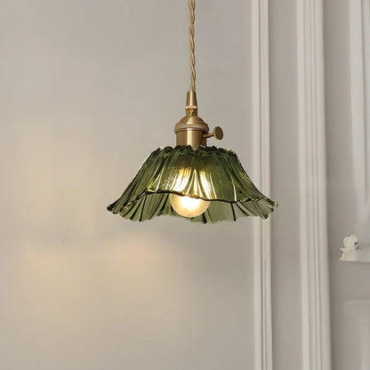 Flower Pendant Lighting | Ribbed Glass Shade with Elegant Gold Accent 10