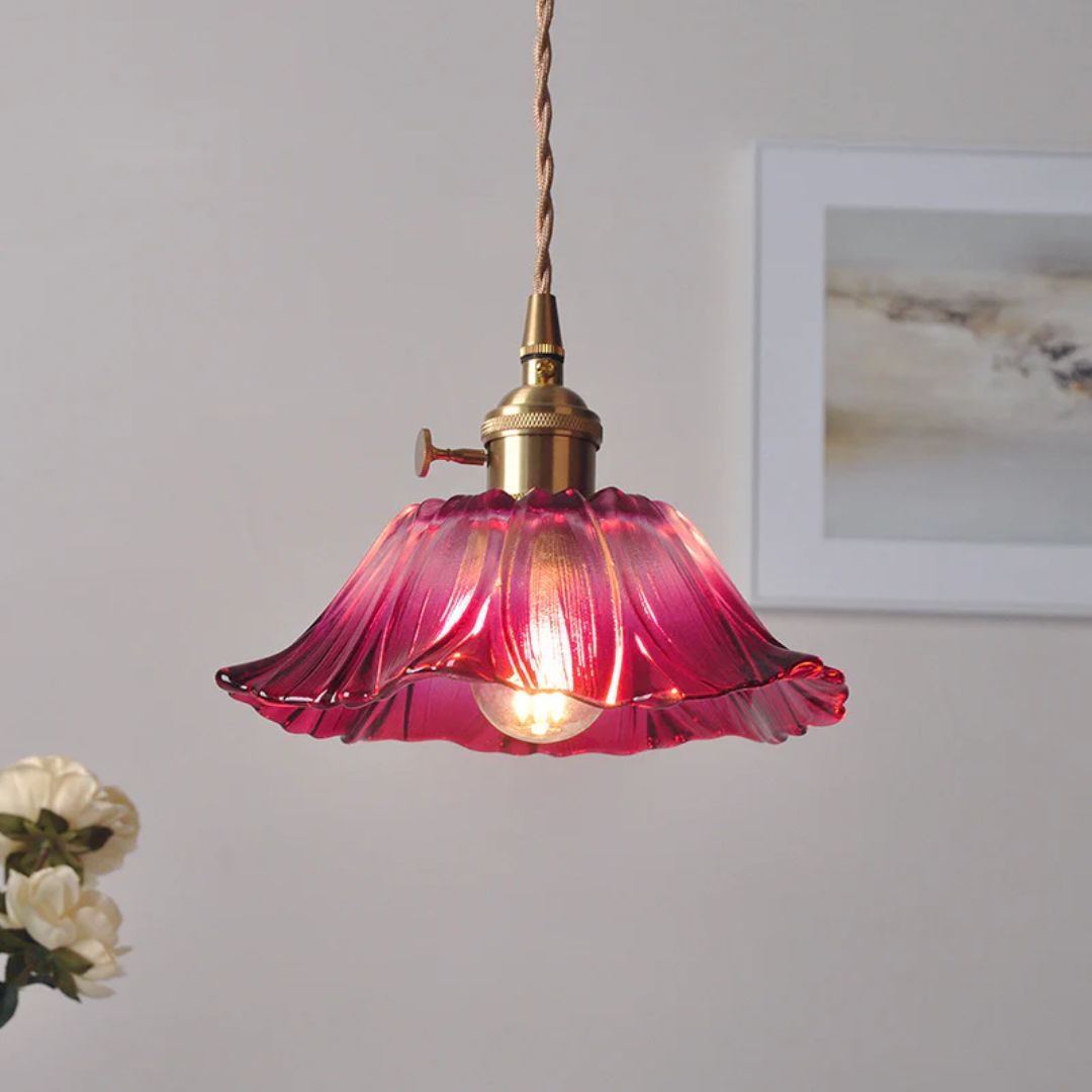 Flower Pendant Lighting | Ribbed Glass Shade with Elegant Gold Accent 11