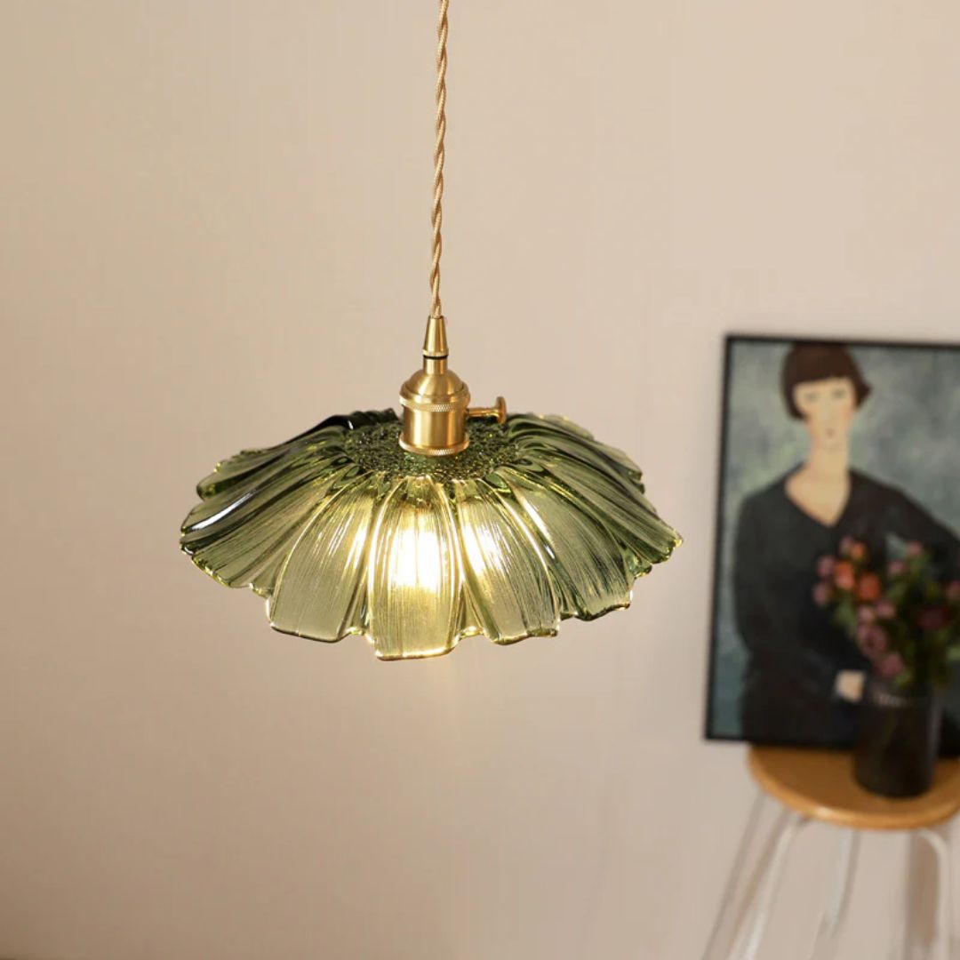 Flower Pendant Lighting | Ribbed Glass Shade with Elegant Gold Accent 12