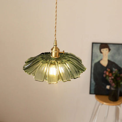 Flower Pendant Lighting | Ribbed Glass Shade with Elegant Gold Accent 12