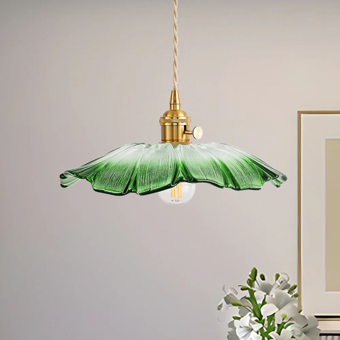 Flower Pendant Lighting | Ribbed Glass Shade with Elegant Gold Accent 13