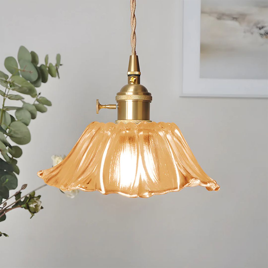 Flower Pendant Lighting | Ribbed Glass Shade with Elegant Gold Accent 14