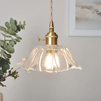 Flower Pendant Lighting | Ribbed Glass Shade with Elegant Gold Accent 15
