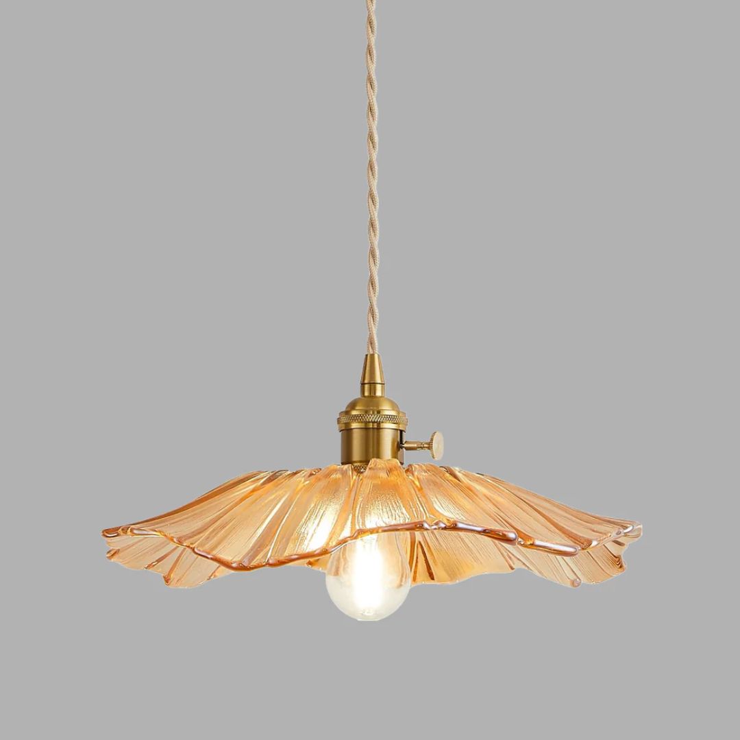 Flower Pendant Lighting | Ribbed Glass Shade with Elegant Gold Accent 16