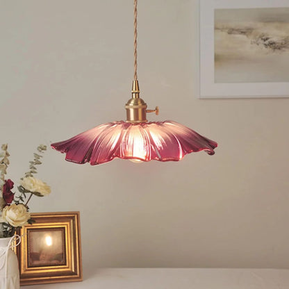 Flower Pendant Lighting | Ribbed Glass Shade with Elegant Gold Accent 2