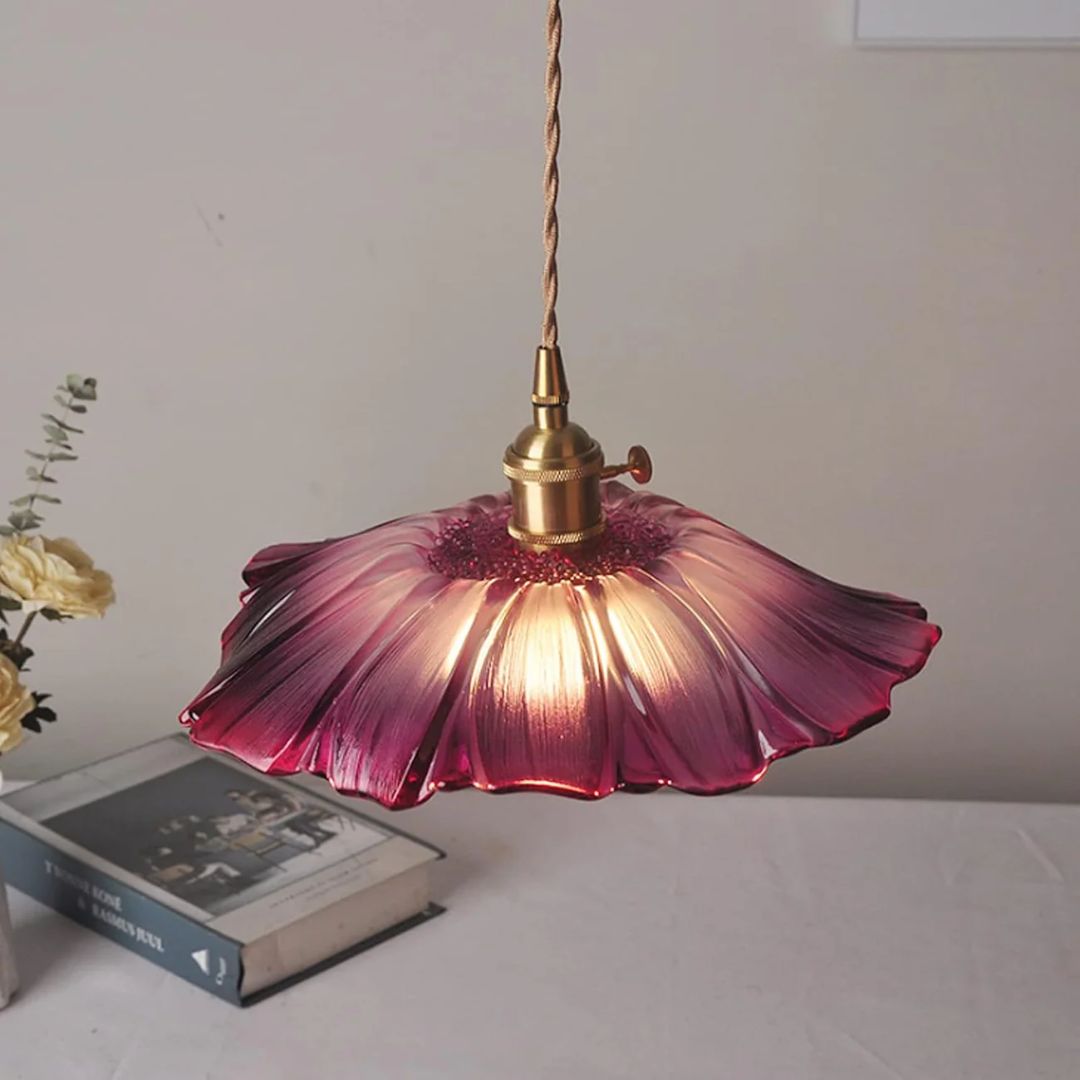 Flower Pendant Lighting | Ribbed Glass Shade with Elegant Gold Accent 5