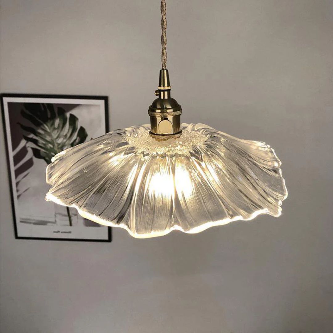 Flower Pendant Lighting | Ribbed Glass Shade with Elegant Gold Accent 9