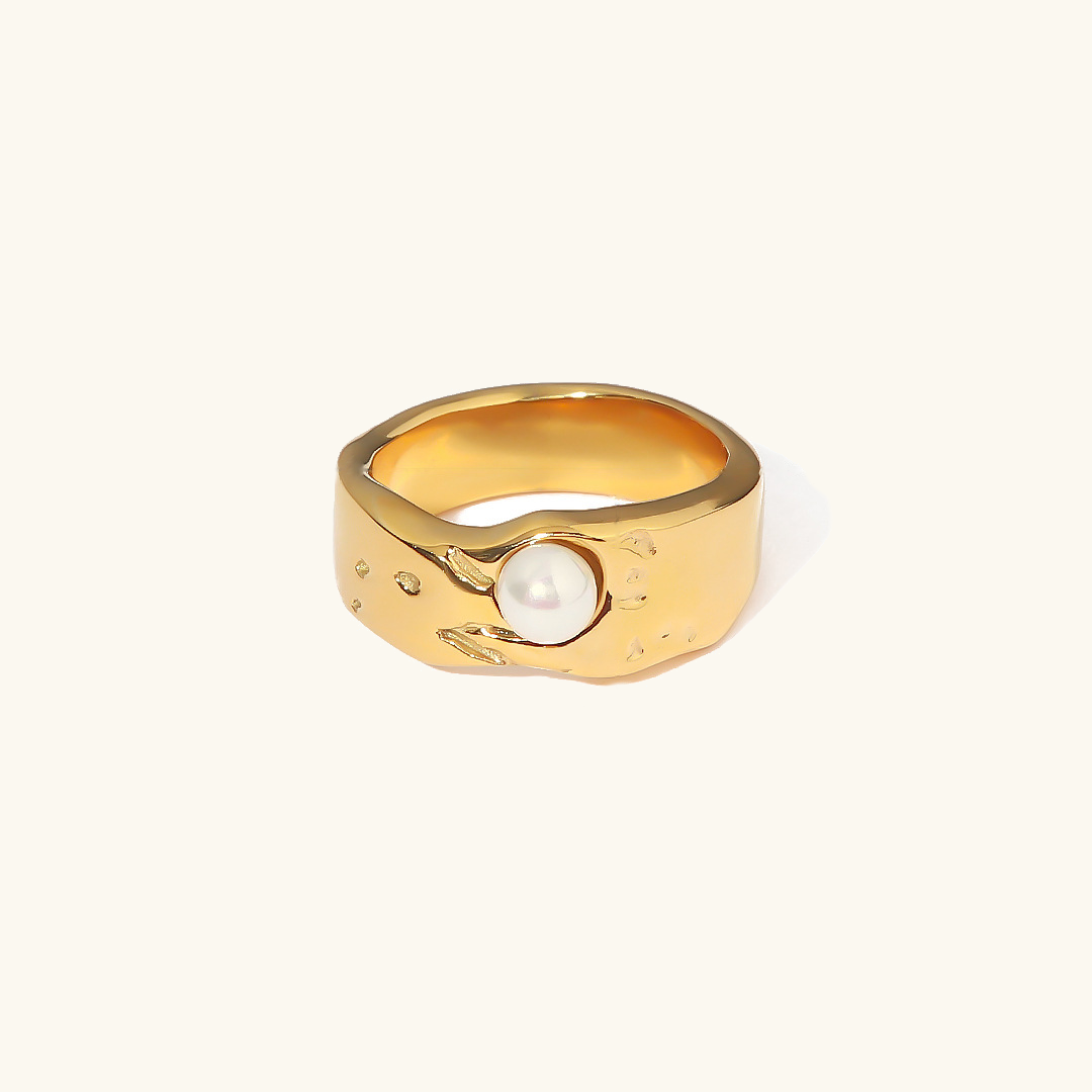 Freshwater Pearl Ring | Hypoallergenic Waterproof Gold Abstract Design 0