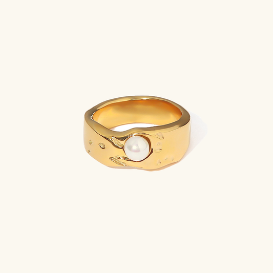 Freshwater Pearl Ring | Hypoallergenic Waterproof Gold Abstract Design 0