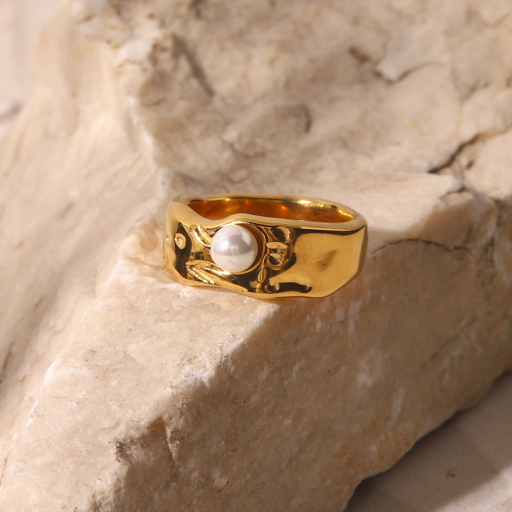 Freshwater Pearl Ring | Hypoallergenic Waterproof Gold Abstract Design 3