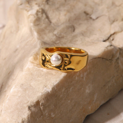 Freshwater Pearl Ring | Hypoallergenic Waterproof Gold Abstract Design 3