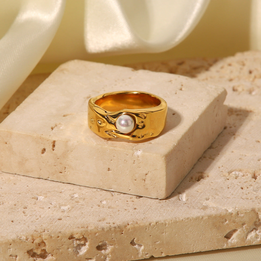 Freshwater Pearl Ring | Hypoallergenic Waterproof Gold Abstract Design 4