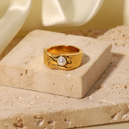 Freshwater Pearl Ring | Hypoallergenic Waterproof Gold Abstract Design 4
