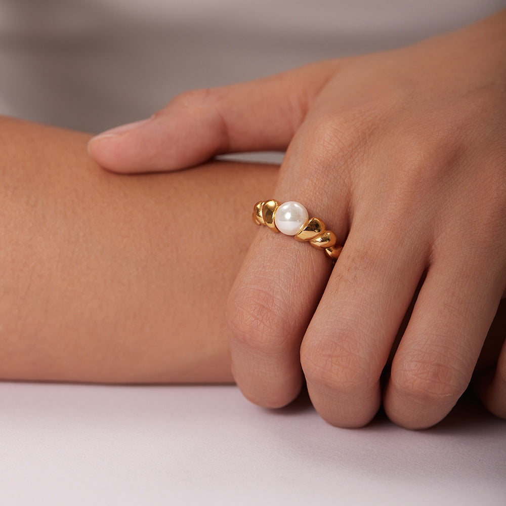 Freshwater Pearl Ring | Textured 18k Gold Band for Sensitive Skin 3