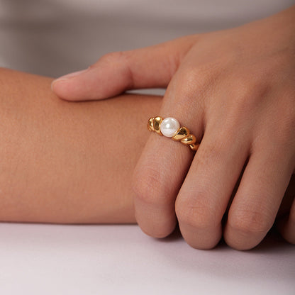 Freshwater Pearl Ring | Textured 18k Gold Band for Sensitive Skin 3