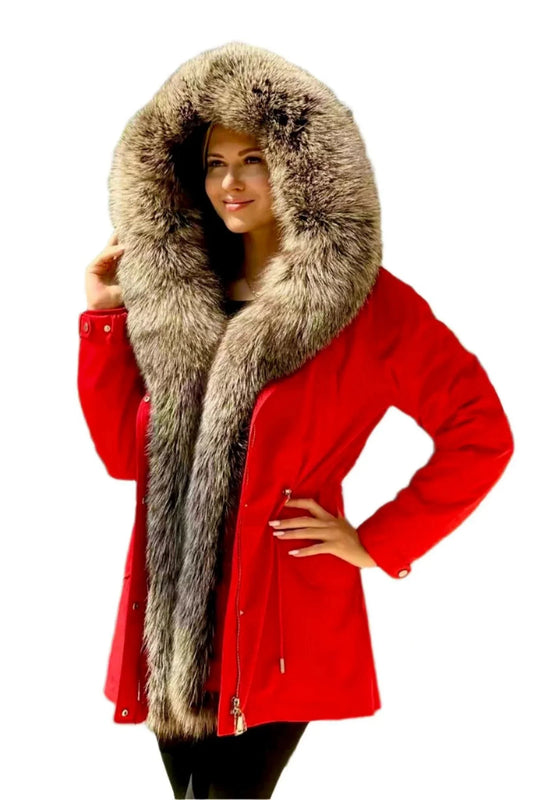 Äkta silverrävspäls kantad kaninpäls isolerad parkas
