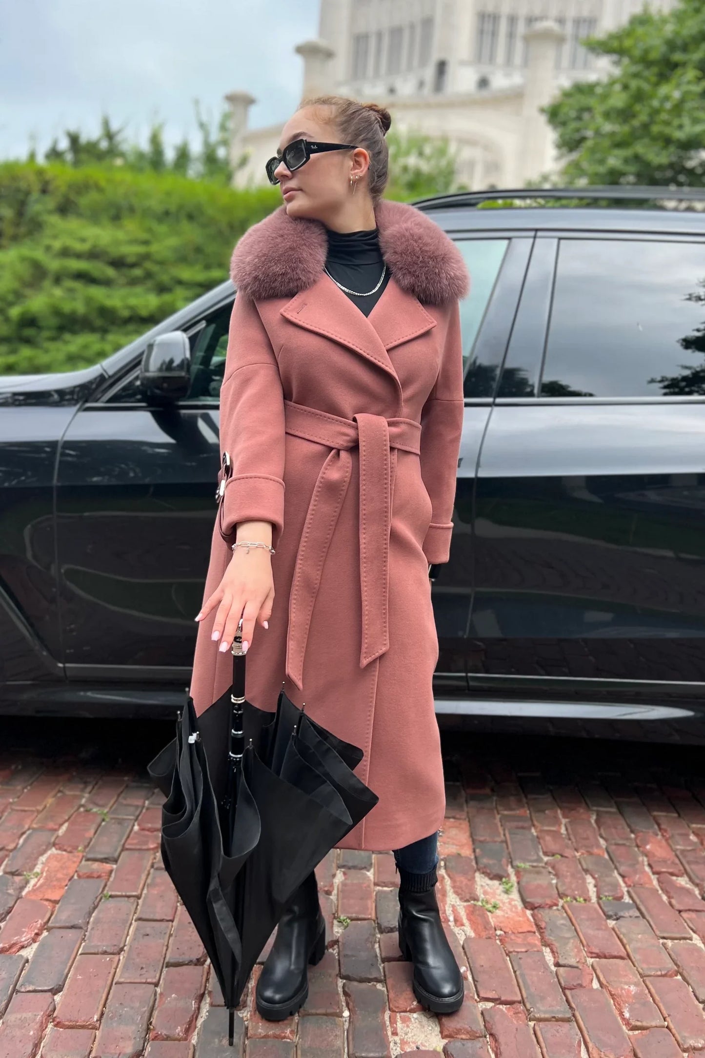 Genuine Polar Fox Leather Buckle Cashmere Wool Coat