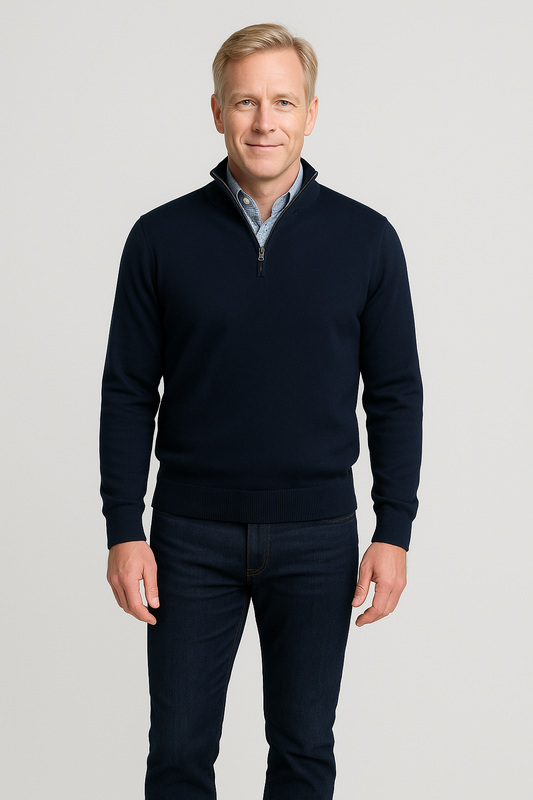 Merino Wool Quarter-Zip Sweater in Navy