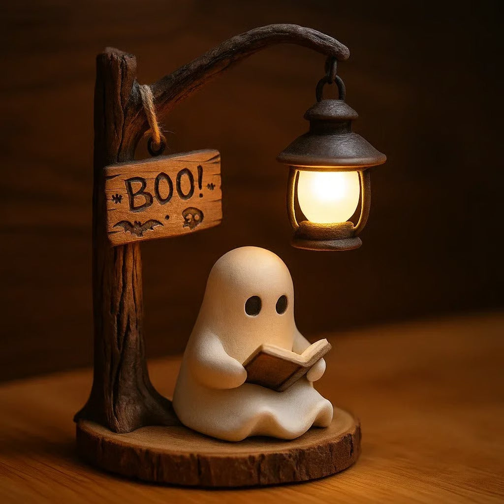 Ghost Lantern Decor | Adorable Reading Ghost with Soft Glow for Whimsical Halloween Charm 0