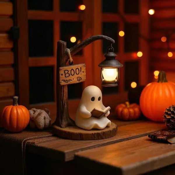 Ghost Lantern Decor | Adorable Reading Ghost with Soft Glow for Whimsical Halloween Charm 2