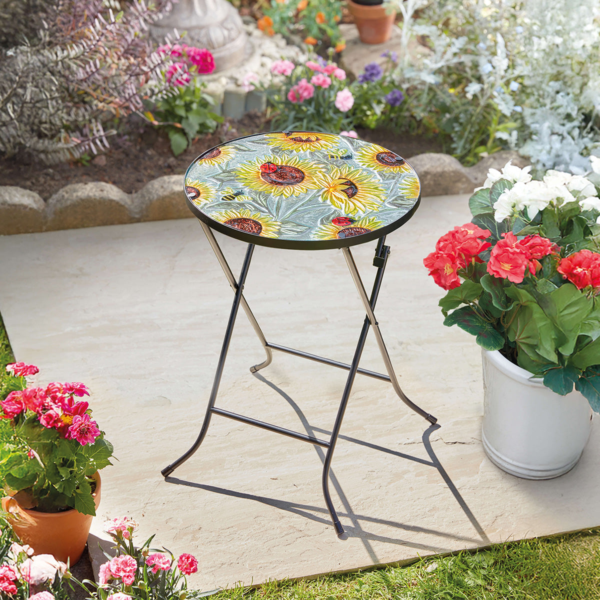 Glass Garden Table | Folding Outdoor Side Table with Sunflower Design 0
