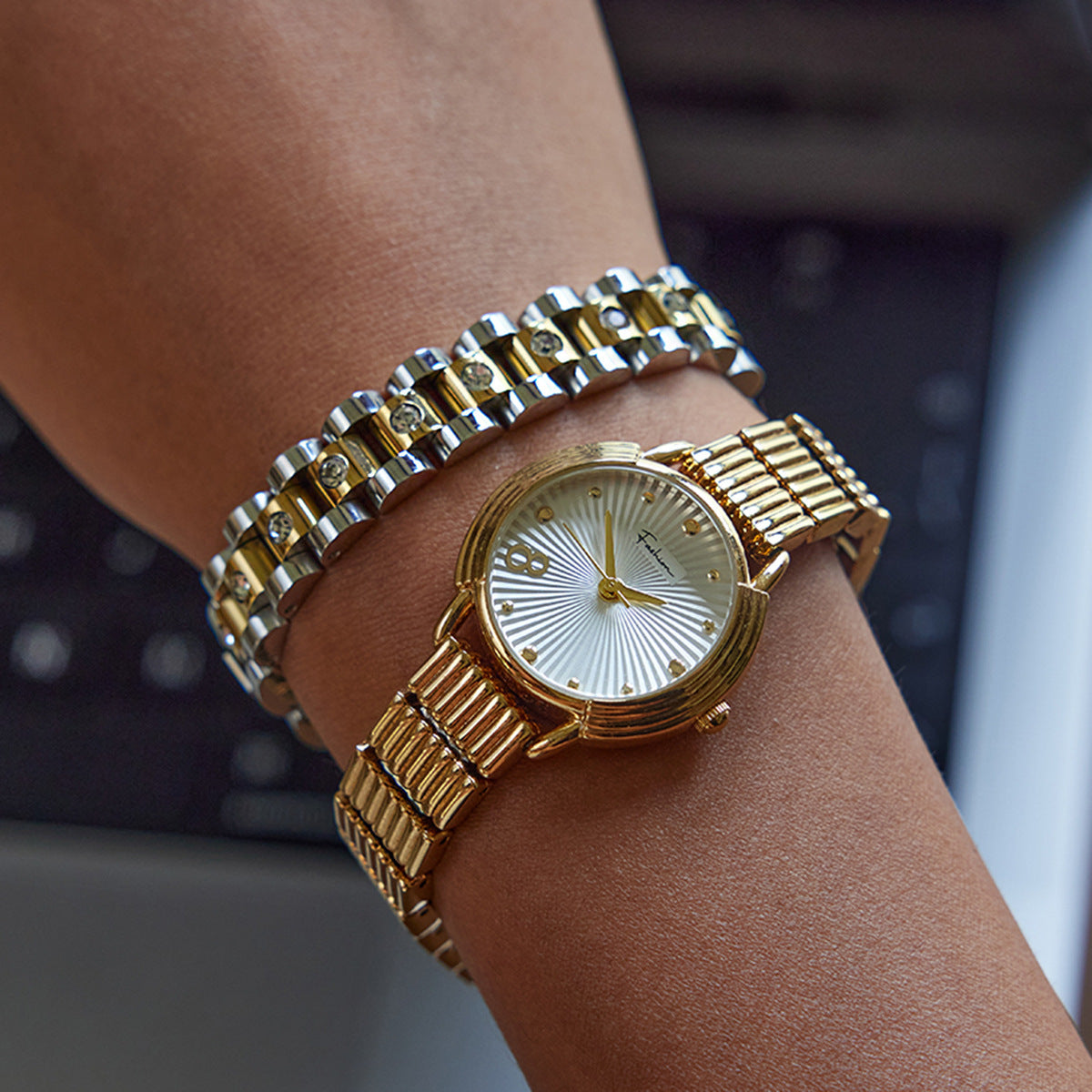 Gold Apple Watch Band | Waterproof Stainless Steel Bracelet with Diamond Simulants 2