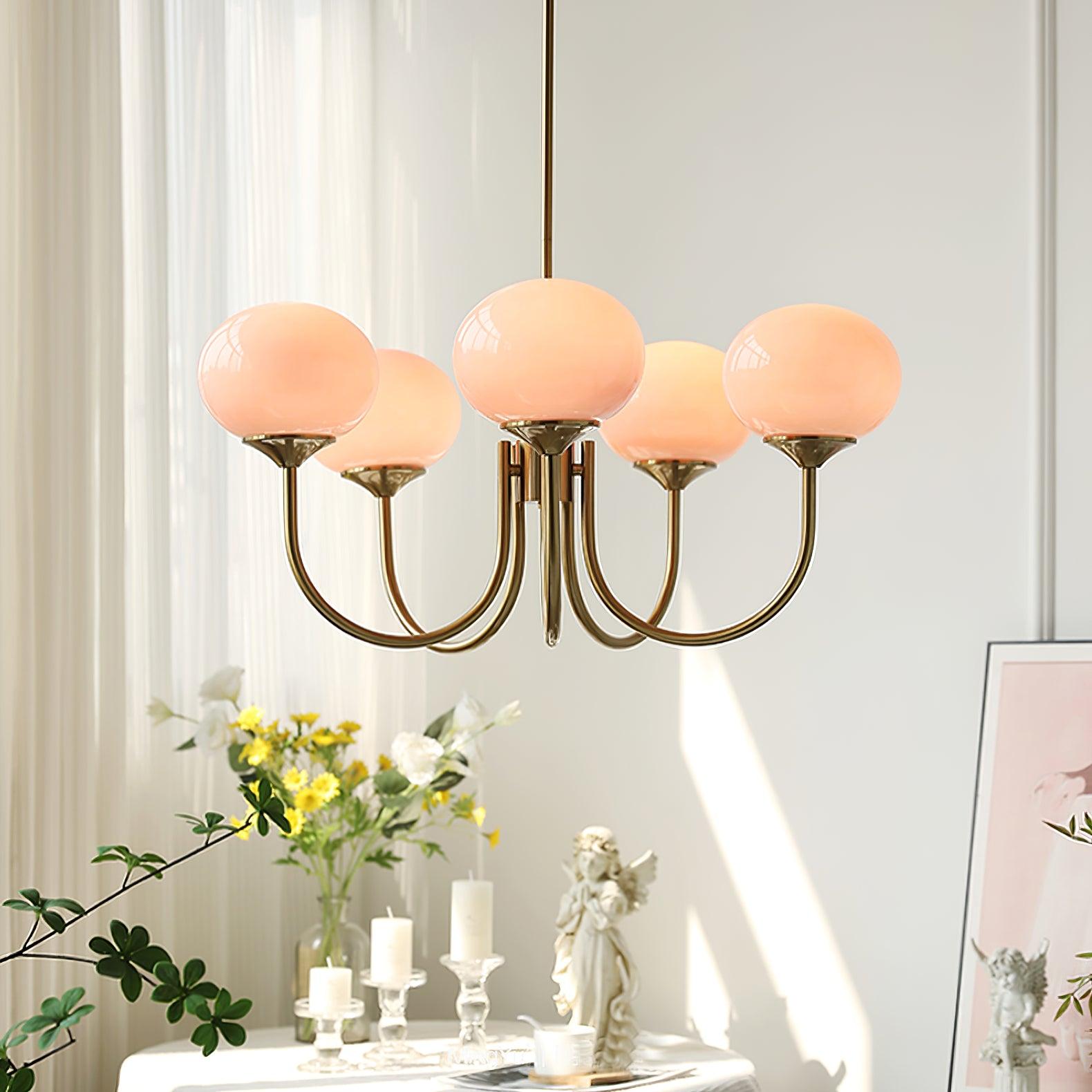 Gold Chandelier | Modern Design with Pink Glass Shades for Dining Room 2