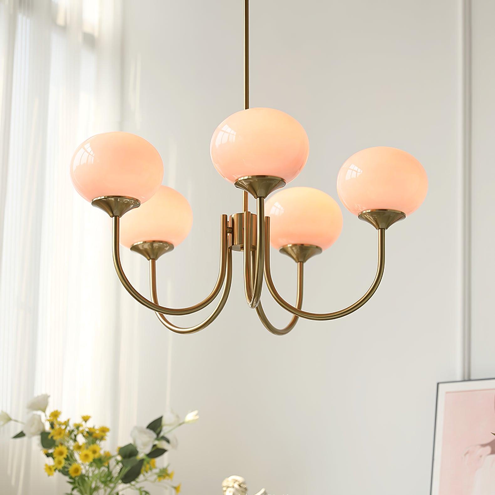 Gold Chandelier | Modern Design with Pink Glass Shades for Dining Room 3