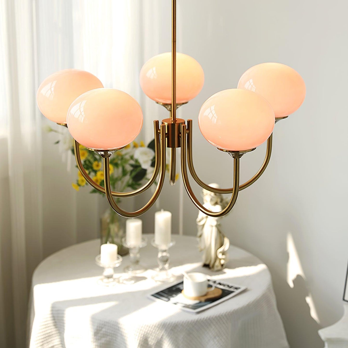 Gold Chandelier | Modern Design with Pink Glass Shades for Dining Room 4