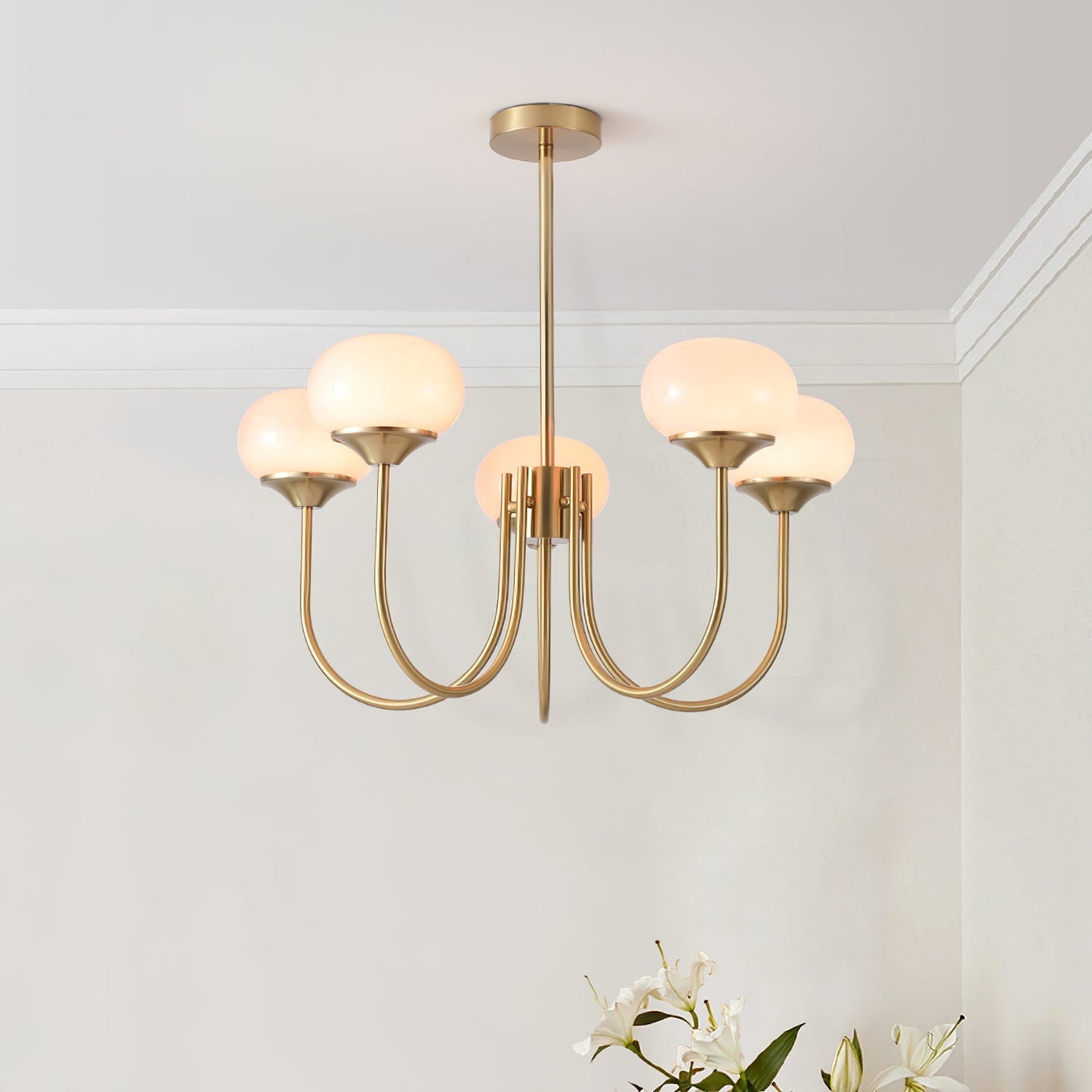 Gold Chandelier | Modern Design with Pink Glass Shades for Dining Room 5