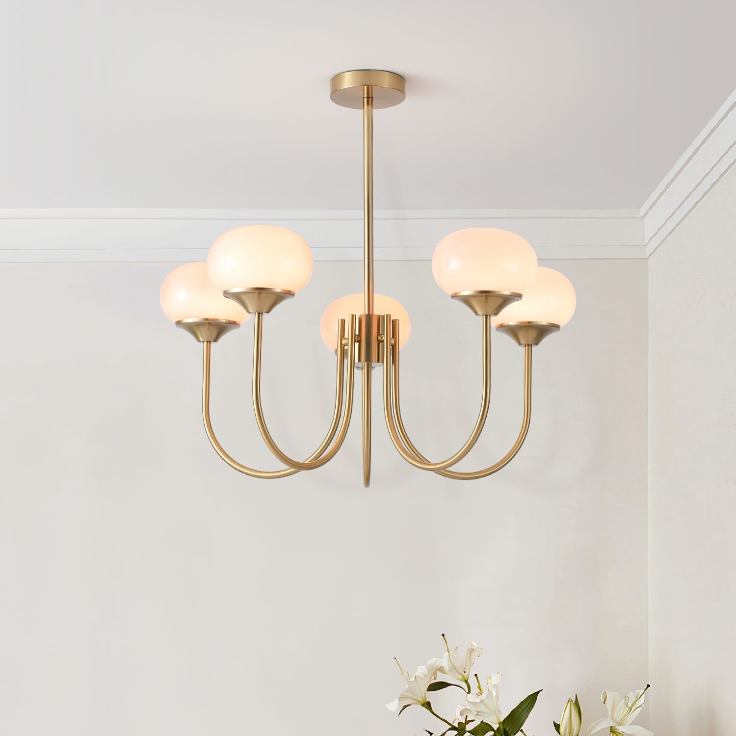 Gold Chandelier | Modern Design with Pink Glass Shades for Dining Room 5