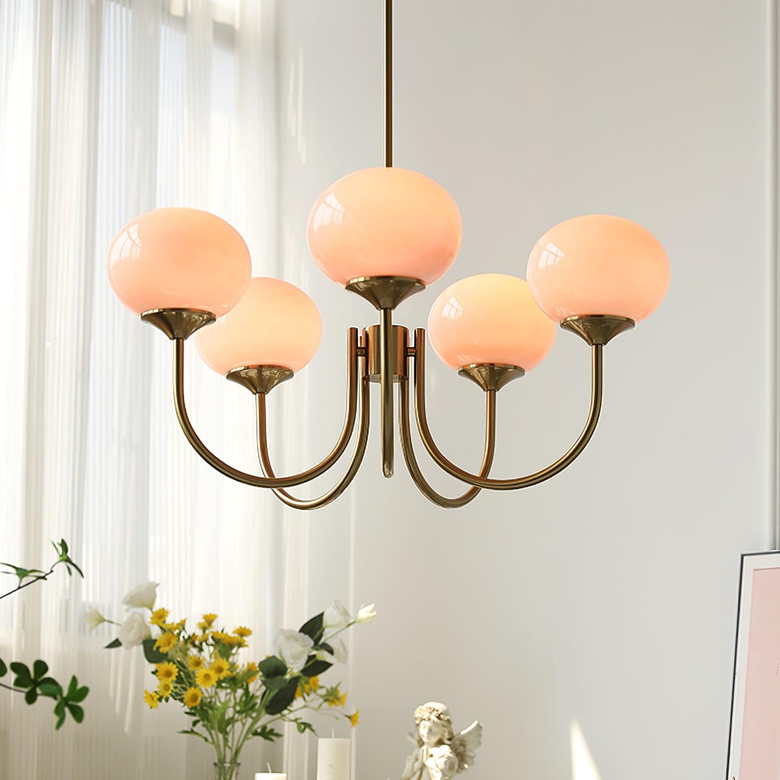 Gold Chandelier | Modern Design with Pink Glass Shades for Dining Room 7