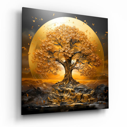 Artistic depiction of a tree with a large moon in the background
