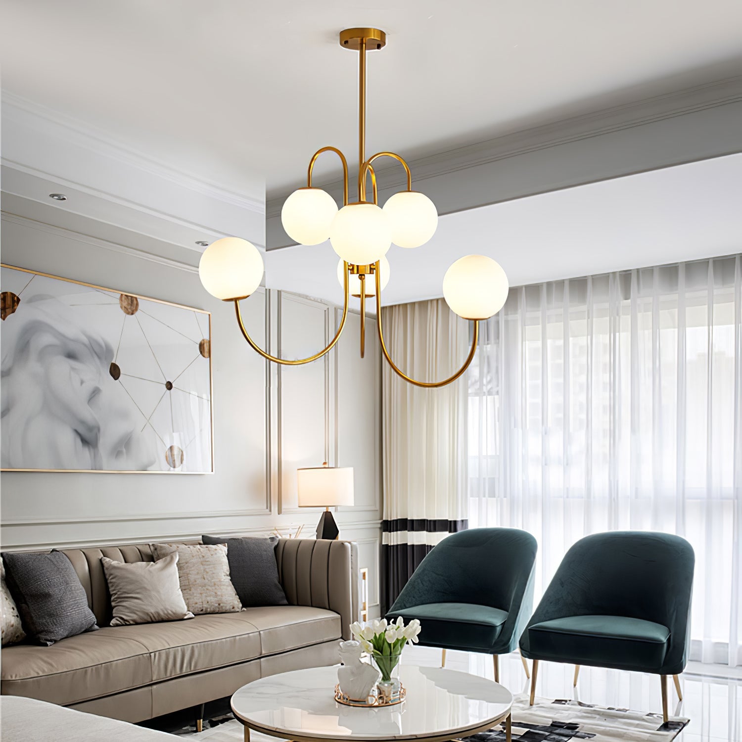 Gooseneck Chandelier | Elegant Wrought Iron with Glass Shades 4
