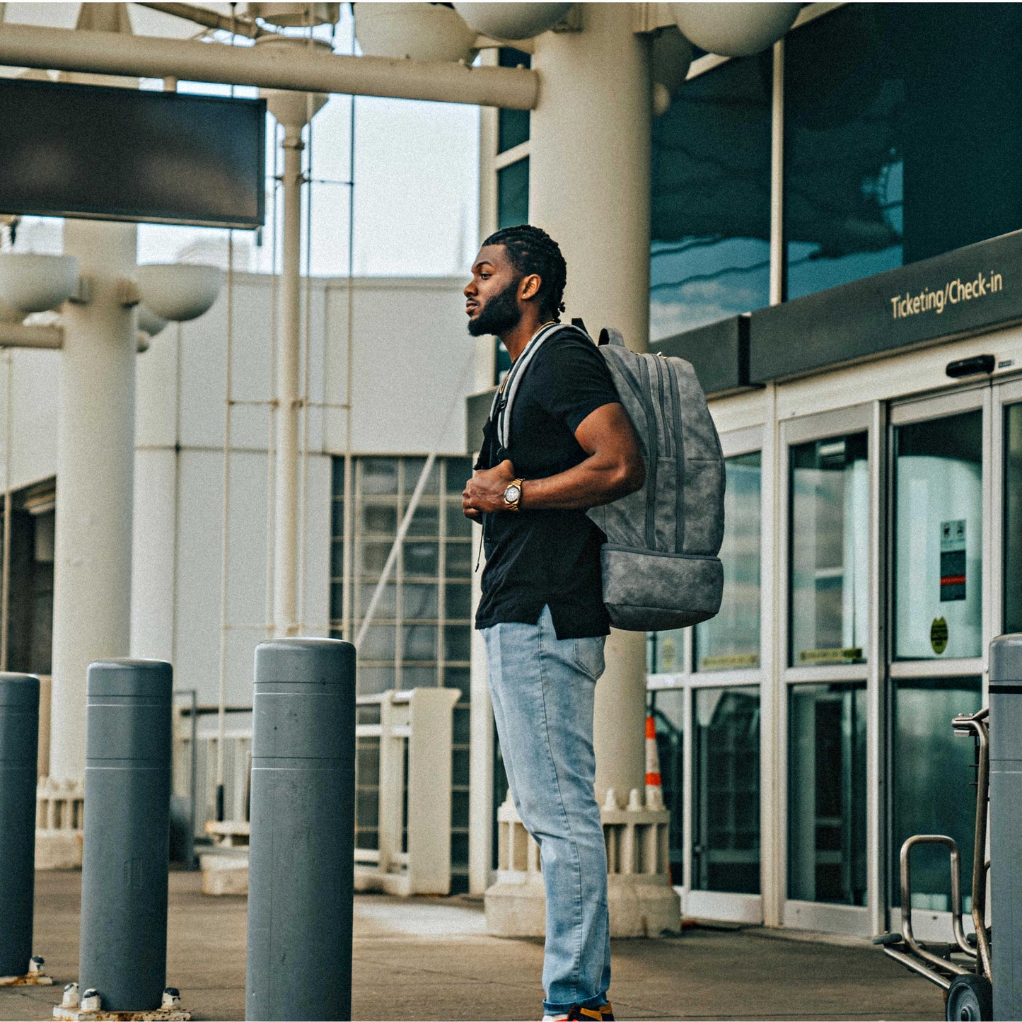 Grey Leather Carry-On Patented Backpack