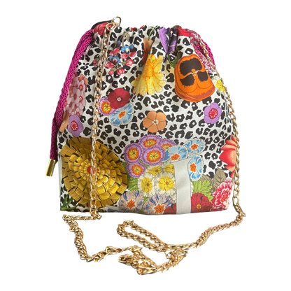 Floral Leopard Vintage Scarf Drawstring Crossbody Bag
